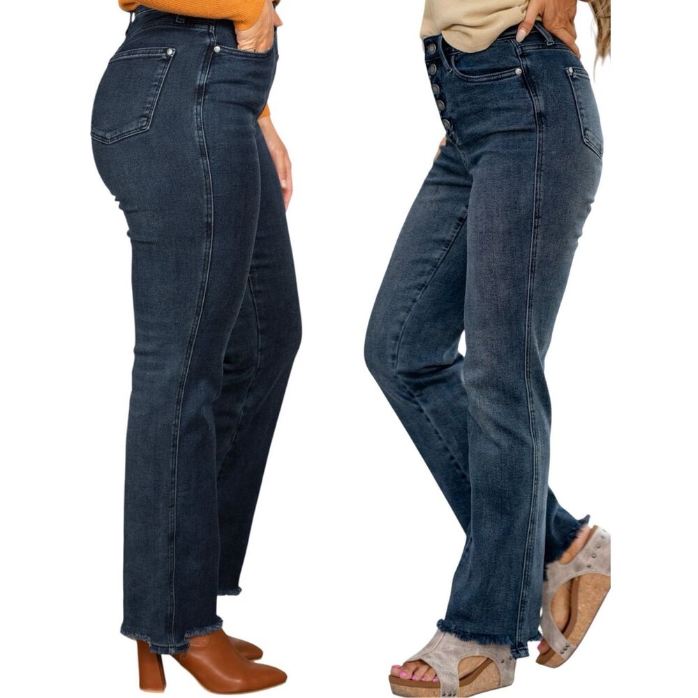 Judy Blue High Rise Button Fly Straight Leg Jeans Dark Wash Raw Hem Reg Plus NWT - Picture 6 of 10